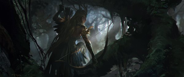 Anime picture 1600x670 with akizhao single long hair blonde hair wide image horn (horns) from behind girl gloves weapon plant (plants) tree (trees) elbow gloves armor feather (feathers) forest bow (weapon) arrow (arrows) liana