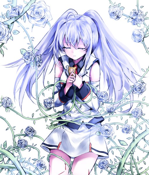 Anime picture 1024x1204 with plastic memories isla (plastic memories) karadborg single long hair tall image fringe simple background hair between eyes standing white background twintails holding payot blue hair ahoge eyes closed head tilt tears crying