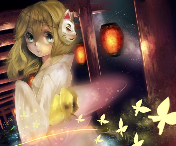 Anime picture 1030x857 with kingdom hearts square enix namine teiruzukingudamu single long hair open mouth blonde hair sky japanese clothes aqua eyes mask on head girl bow belt kimono insect butterfly star (stars) mask