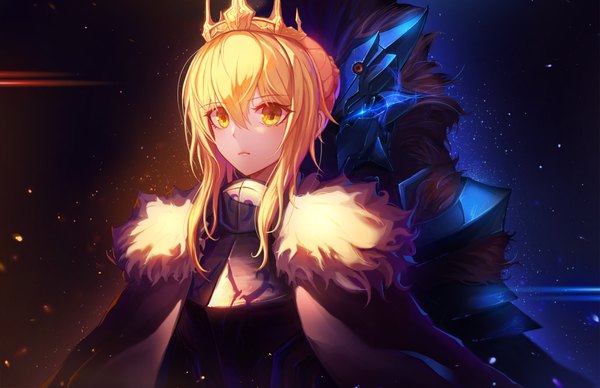 Anime picture 2074x1344 with fate (series) fate/grand order artoria pendragon (all) artoria pendragon (lancer) inho song long hair looking at viewer fringe highres blonde hair hair between eyes yellow eyes payot upper body from behind hair bun (hair buns) fur trim glowing dark background glowing eye (eyes)