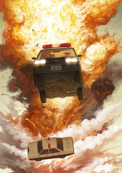 Anime picture 744x1052 with hotaryuso tall image smoke no people explosion police ground vehicle fire car police car