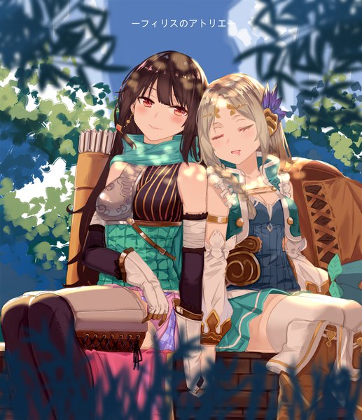Anime picture 1432x1661 with atelier (series) atelier firis gust (company) liane mistlud firis mistlud yuugen long hair tall image looking at viewer fringe breasts black hair blonde hair smile red eyes sitting multiple girls sky cloud (clouds) bent knee (knees)