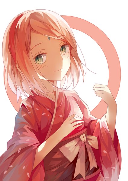 Anime picture 2480x3507 with naruto studio pierrot naruto (series) haruno sakura uri (pixiv 3756882) single tall image looking at viewer blush fringe highres short hair simple background smile white background green eyes pink hair upper body traditional clothes head tilt