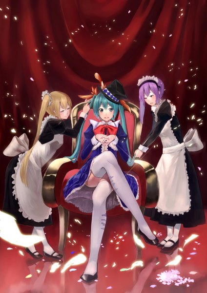 Anime picture 1131x1600 with vocaloid hatsune miku akita neru ichiko oharu (artist) long hair tall image looking at viewer short hair open mouth blonde hair sitting twintails multiple girls purple hair aqua eyes aqua hair maid crossed legs side ponytail adjusting hair