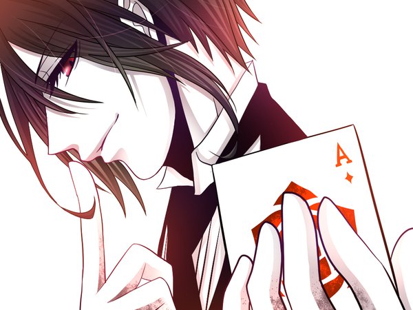 Anime picture 1024x768 with kuroshitsuji a-1 pictures sebastian michaelis kokeshi single looking at viewer short hair black hair simple background smile red eyes white background upper body profile finger to mouth butler boy card (cards)