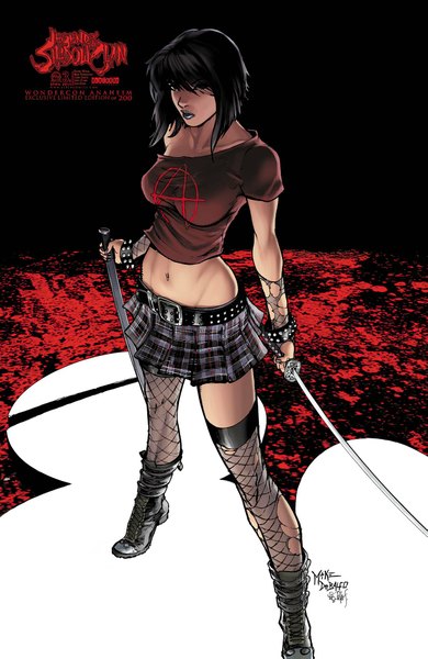 Anime picture 1325x2038 with squirrelshaver single tall image looking at viewer short hair breasts black hair lips black eyes bare belly midriff girl thighhighs skirt navel weapon black thighhighs miniskirt sword boots