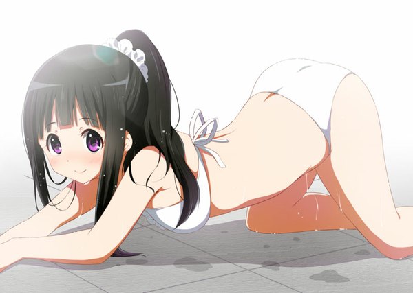 Anime picture 800x570 with hyouka kyoto animation chitanda eru ragho no erika single long hair looking at viewer blush fringe breasts light erotic black hair smile purple eyes bare shoulders bent knee (knees) ass ponytail bare legs shadow