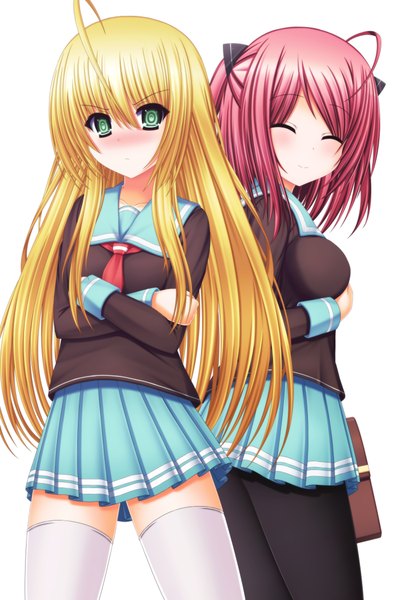 Anime picture 3000x4500 with toyokawa itsuki (p mayuhime) long hair tall image blush highres short hair blonde hair simple background white background multiple girls green eyes pink hair eyes closed light smile girl thighhighs uniform 2 girls school uniform pantyhose