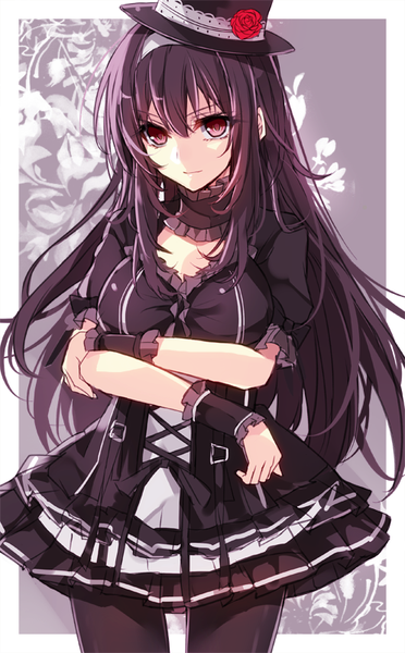 Anime picture 497x800 with saenai heroine no sodatekata a-1 pictures kasumigaoka utaha aosaki yukina single long hair tall image looking at viewer brown hair purple eyes border crossed arms lolita fashion goth-loli girl dress pantyhose choker hairband wrist cuffs