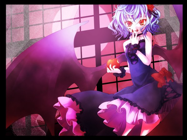 Anime picture 1200x900 with touhou remilia scarlet myaaco short hair red eyes blue hair finger to mouth girl dress bow wings moon fruit apple bitten apple