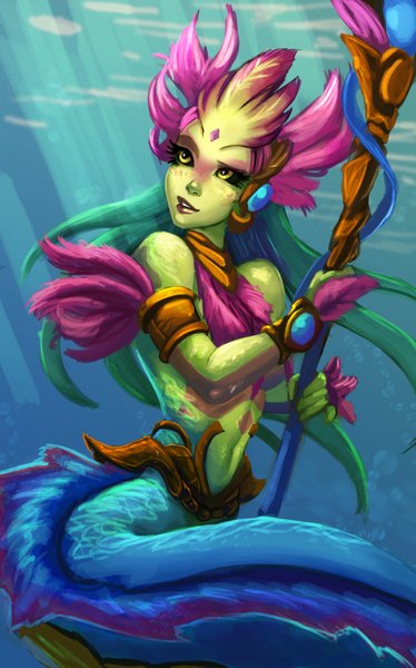 Anime picture 1024x1641 with league of legends nami (league of legends) carlos eduardo single long hair tall image yellow eyes tail green hair looking up underwater fish tail girl bracelet staff mermaid