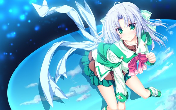 Anime picture 2560x1600 with magus tale whirlpool (studio) alicia infans tenmaso long hair highres wide image green eyes white hair ribbon (ribbons) serafuku