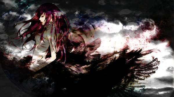 Anime picture 2112x1188 with vocaloid megurine luka origa (artist) single long hair highres wide image bare shoulders pink hair sky cloud (clouds) eyes closed profile lipstick girl dress choker