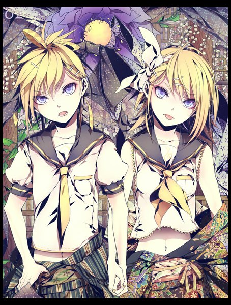 Anime picture 833x1100 with vocaloid kagamine rin kagamine len nai kitsu (artist) tall image short hair open mouth blonde hair purple eyes bare shoulders nail polish holding hands twins girl boy hair ornament flower (flowers) necktie hairclip tongue