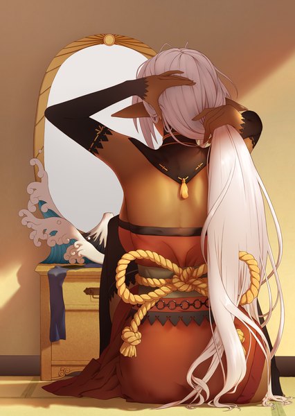 Anime picture 2516x3543 with full metal daemon muramasa nitroplus kanagawa okinami ura sandaime muramasa yan wan single tall image highres breasts large breasts sitting bent knee (knees) white hair long sleeves very long hair traditional clothes japanese clothes pointy ears from behind sunlight