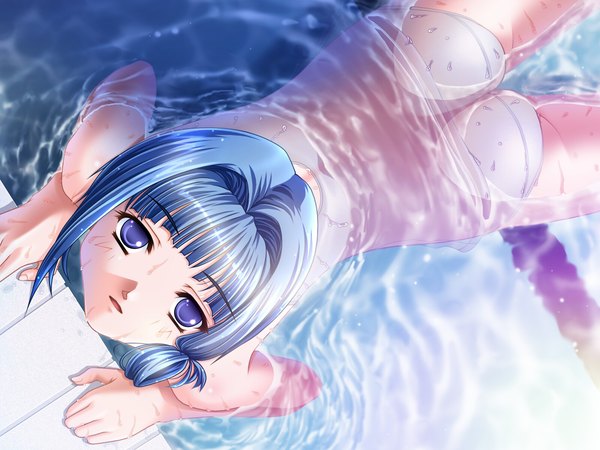 Anime picture 1600x1200 with yuuguu settai sena shiori hiiro yuki single looking at viewer fringe short hair open mouth light erotic purple eyes blue hair game cg ass from above girl swimsuit water pool