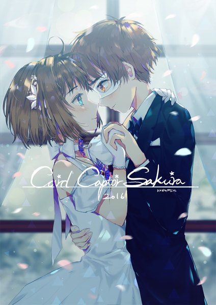 Anime picture 1000x1415 with card captor sakura clamp kinomoto sakura li xiaolang dangmill tall image blush fringe short hair brown hair green eyes signed ahoge light smile orange eyes copyright name couple holding hands face to face dancing