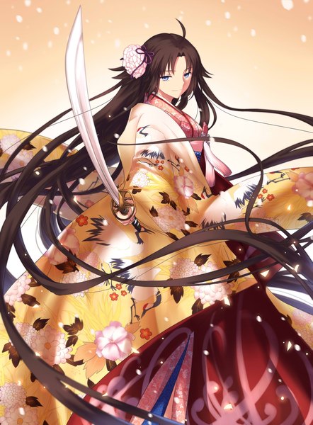 Anime picture 1655x2244 with fate (series) fate/grand order kara no kyoukai type-moon ryougi shiki gogatsu fukuin single tall image looking at viewer fringe blue eyes simple background smile brown hair standing holding ahoge long sleeves very long hair traditional clothes