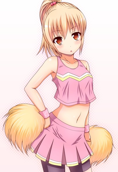 Anime picture 855x1245 with original kk-sk-ray single tall image looking at viewer blush short hair simple background blonde hair white background bare shoulders ponytail bare belly orange eyes hand on hip arched back cheerleader girl skirt navel