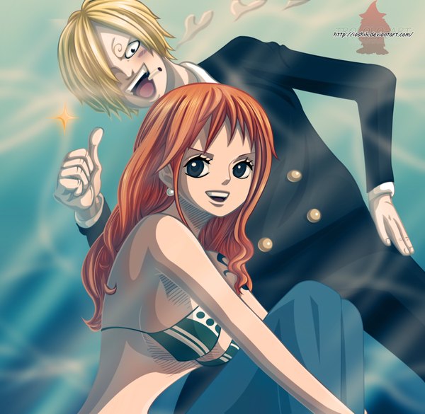 Anime picture 1332x1300 with one piece toei animation nami (one piece) sanji ioshik long hair blush fringe short hair open mouth light erotic blonde hair smile black eyes hair over one eye orange hair tattoo coloring girl boy