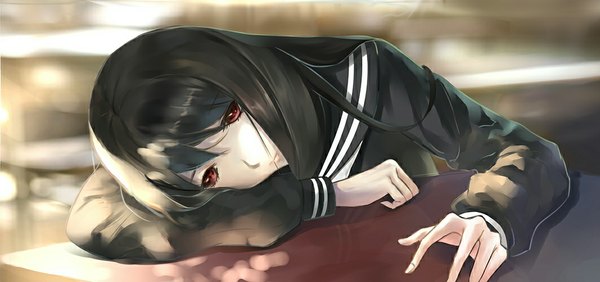 Anime picture 1063x500 with original inneanis single long hair looking at viewer black hair red eyes wide image girl uniform serafuku