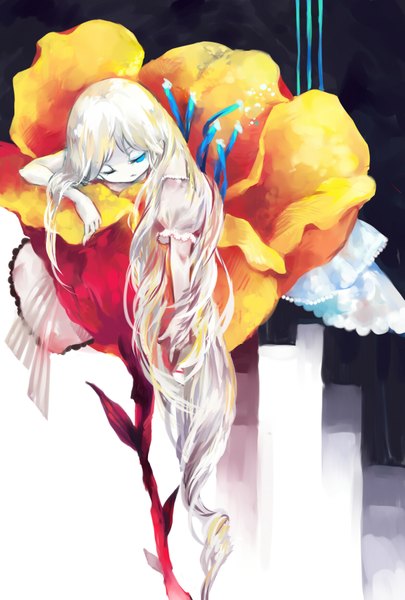 Anime picture 1181x1748 with original sevten (ashkeroth) single long hair tall image blue eyes white hair looking down pale skin sad sleepy girl flower (flowers)