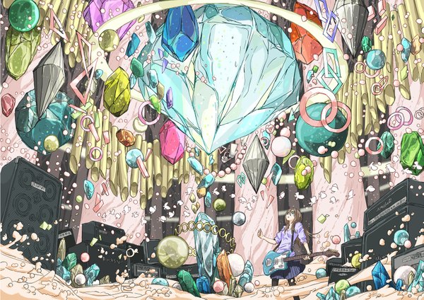 Anime picture 1637x1157 with original arakawa (aintnoroom) single long hair highres green eyes girl skirt insect butterfly musical instrument crystal guitar gem speakers diamond (shape)