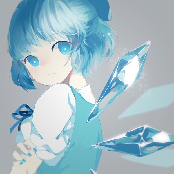 Anime picture 1181x1181 with touhou cirno aloin.g single looking at viewer short hair blue eyes simple background blue hair nail polish grey background blue nail polish girl dress wings crystal ice