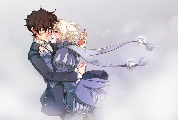 Anime picture 1042x702 with harry potter harry potter (character) draco malfoy eflunn (emilylunn) short hair blue eyes blonde hair brown hair standing brown eyes cloud (clouds) multiple boys alternate costume couple hug snowing winter snow face to face shounen ai