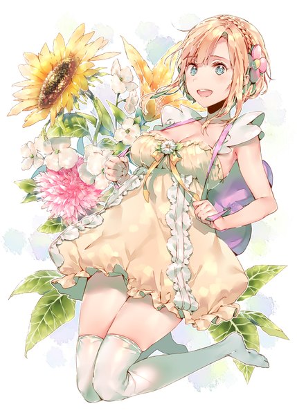 Anime picture 600x838 with original dsmile single long hair tall image looking at viewer open mouth blonde hair green eyes bent knee (knees) jumping girl thighhighs dress flower (flowers) white thighhighs leaf (leaves) backpack sunflower