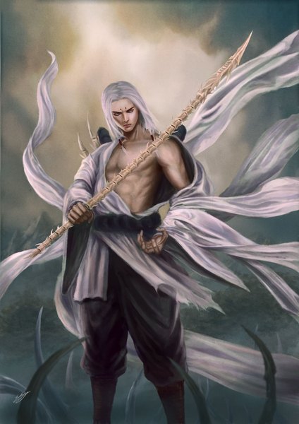 Anime picture 1228x1737 with naruto studio pierrot naruto (series) kaguya kimimaro luffie single long hair tall image green eyes white hair japanese clothes torn clothes bone (bones) boy sword