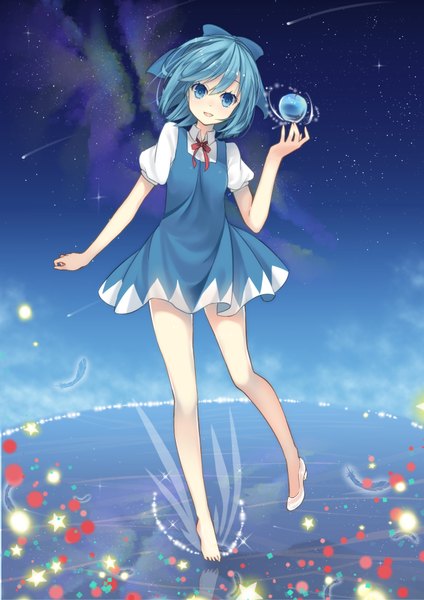 Anime picture 2480x3508 with touhou cirno tika (mika4975) single tall image looking at viewer blush highres short hair open mouth blue eyes blue hair sky reflection milky way meteor rain girl dress bow hair bow