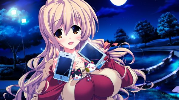 Anime picture 1280x720 with love sweets enjou minamo single long hair looking at viewer blush open mouth blonde hair wide image brown eyes game cg night girl dress moon mobile phone
