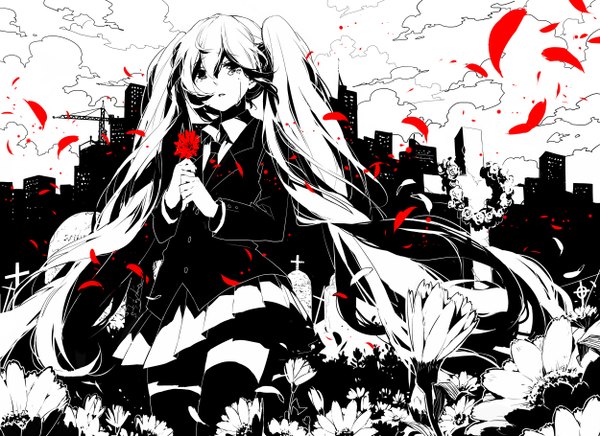Anime picture 1250x910 with vocaloid hatsune miku rella single long hair standing twintails holding sky cloud (clouds) white hair pleated skirt wind black eyes tears city monochrome cityscape crying girl