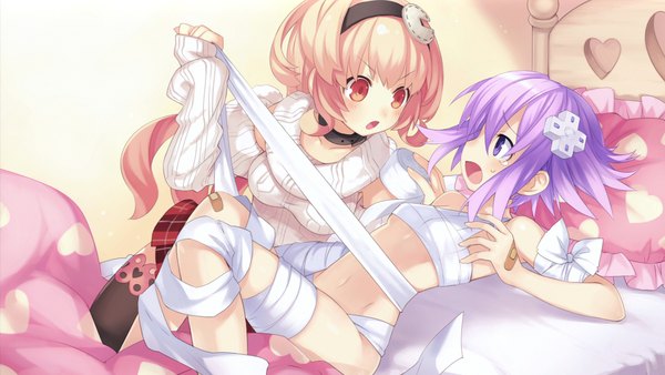 Anime picture 1920x1082 with choujigen game neptune neptune (choujigen game neptune) compa tsunako blush highres short hair light erotic blonde hair red eyes wide image purple eyes multiple girls game cg purple hair official art naked bandage girl 2 girls hairband