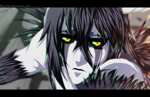 Anime picture 1280x830 with bleach studio pierrot ulquiorra schiffer maxivad single long hair black hair yellow eyes horn (horns) coloring close-up face pale skin muscle espada boy