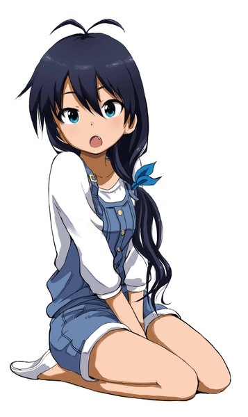 Anime picture 1165x1958 with idolmaster ganaha hibiki yamamoto souichirou udon0531 kijoyu udon single long hair tall image looking at viewer open mouth blue eyes black hair simple background white background sitting ahoge bent knee (knees) teeth fang (fangs) kneeling