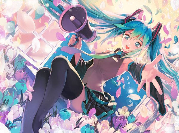 Anime picture 1000x742 with vocaloid hatsune miku chkuyomi single looking at viewer blush open mouth sitting twintails ahoge aqua eyes aqua hair dutch angle zettai ryouiki outstretched arm girl skirt flower (flowers) detached sleeves miniskirt