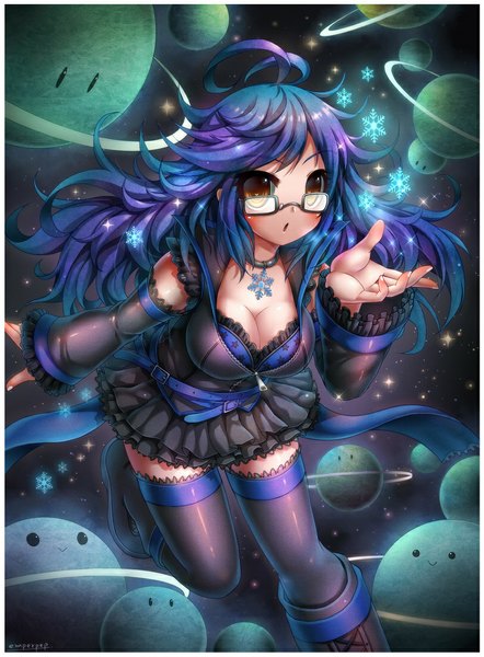 Anime picture 812x1102 with original emperpep single long hair tall image blush brown eyes purple hair ahoge :o framed girl thighhighs dress black thighhighs detached sleeves glasses frills pendant sundress