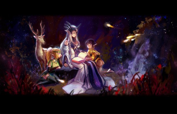 Anime picture 1400x900 with dragon nest achyue long hair fringe short hair breasts black hair blonde hair sitting multiple girls ponytail light smile pointy ears grey hair night glowing reading girl thighhighs dress