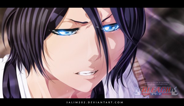 Anime picture 2014x1168 with bleach studio pierrot kuchiki rukia salim202 single highres short hair blue eyes black hair wide image traditional clothes japanese clothes inscription coloring close-up face girl kimono