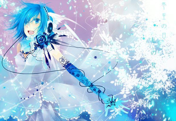 Anime picture 1090x750 with vocaloid kaiko lc hi ji (saiyki) single short hair blue eyes blue hair girl dress gloves flower (flowers) petals wings elbow gloves headphones scarf rose (roses) wire (wires)