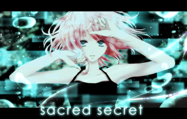 Anime picture 1500x958 with vocaloid sacred secret (vocaloid) megurine luka aonoe single looking at viewer fringe short hair open mouth bare shoulders pink hair aqua eyes inscription girl bubble (bubbles)