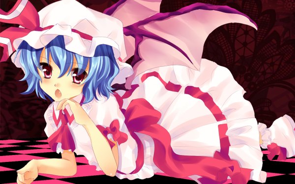 Anime picture 1280x800 with touhou remilia scarlet yuri (purinlove) single short hair red eyes wide image blue hair bat wings girl hat wings