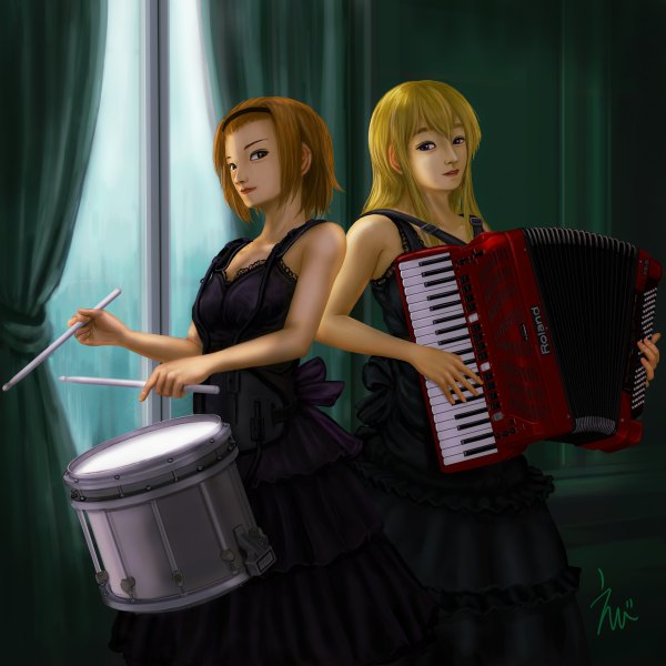 Anime picture 1200x1200 with k-on! kyoto animation kotobuki tsumugi tainaka ritsu ebi (eeotoko) long hair short hair blue eyes blonde hair brown hair multiple girls brown eyes realistic girl dress 2 girls hairband musical instrument drum drumsticks