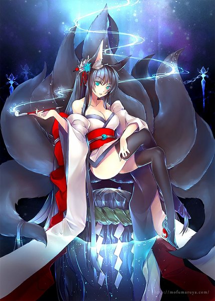 Anime picture 715x1000 with original kagachi saku single long hair tall image looking at viewer sitting animal ears blue hair tail traditional clothes japanese clothes animal tail fox ears fox tail fox girl girl thighhighs hair ornament black thighhighs