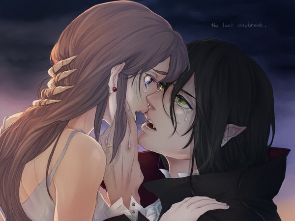 Anime picture 1600x1200 with original ramta long hair open mouth blue eyes black hair brown hair green eyes pointy ears teeth fang (fangs) couple tears text hand on head face to face crying hand on another's shoulder almost kiss hand on cheek