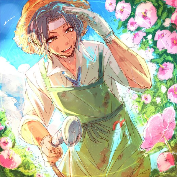 Anime picture 1000x1000 with prince of tennis yukimura seiichi bani namida (artist) single short hair open mouth smile brown eyes blue hair sky cloud (clouds) grey hair wet happy open collar summer twisty sleeves boy gloves flower (flowers)