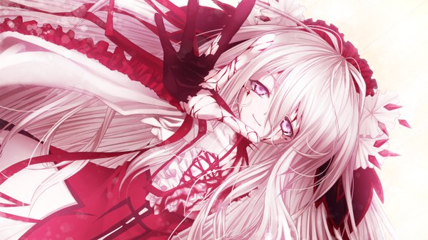Anime picture 2880x1620 with gothic delusion reimia cura single highres blonde hair smile wide image purple eyes long sleeves very long hair loli tears lolita fashion girl dress ribbon (ribbons) blood lace
