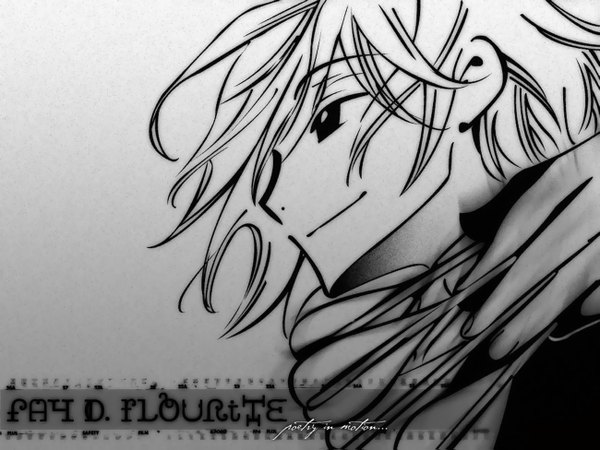 Anime picture 1300x975 with tsubasa reservoir chronicle clamp fay d flourite short hair smile profile monochrome boy scarf